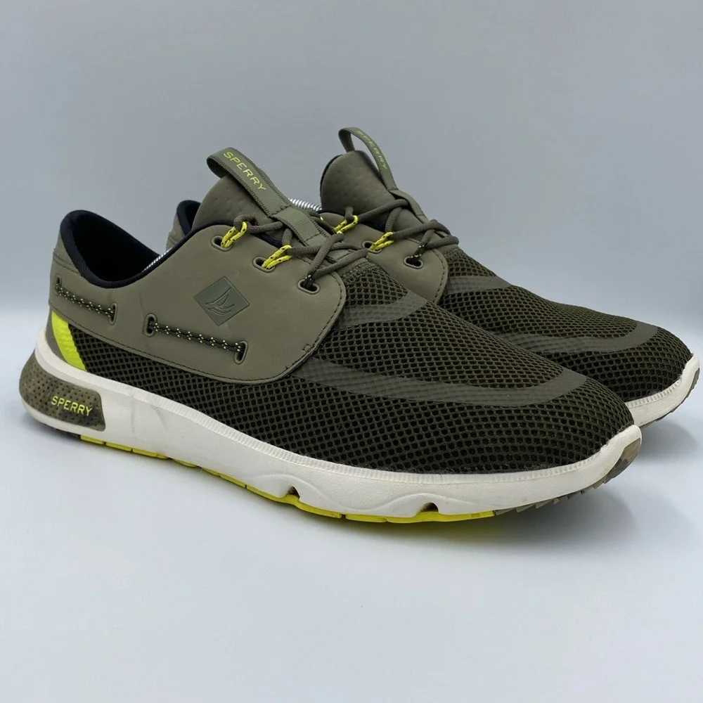 Sperry 7 SEAS 3-Eye Boat Shoes Men's Size 13 Olive Green Yellow STS41092 Mesh